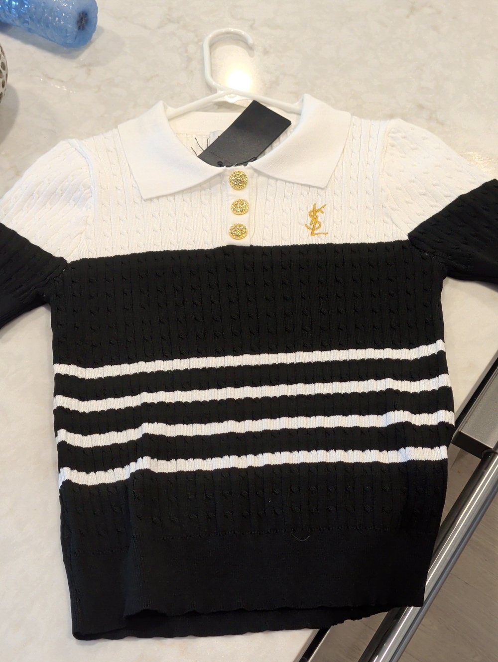 BN Black & White Striped Polo Sweater with Gold Accents